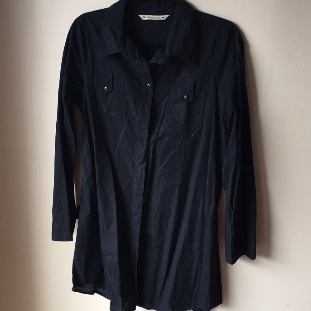 Button Down Shirt Dress - Black